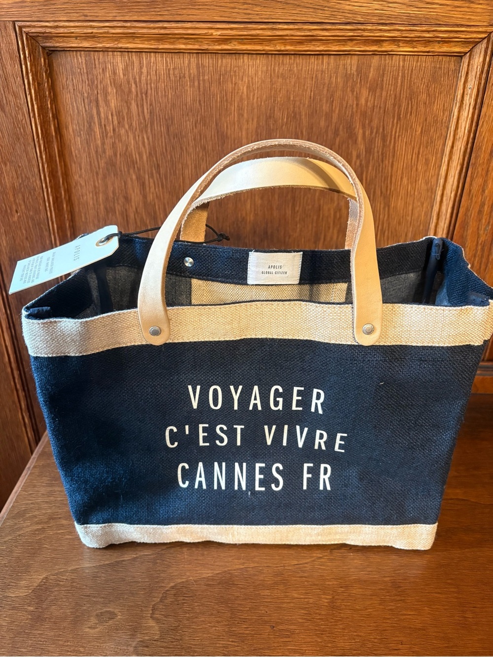 Apolis Global Citizen Canvas Tote Bag in navy and tan color